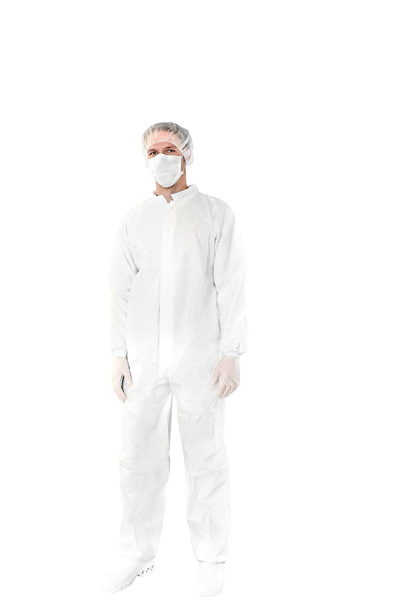Cleanroom disposable overall with collar and zipper, antistatic