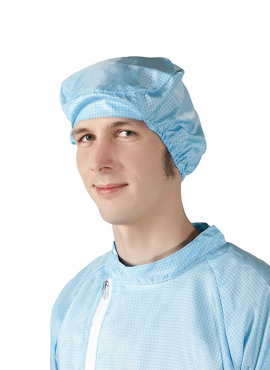 Reusable cleanroom hood with elastic at the neck