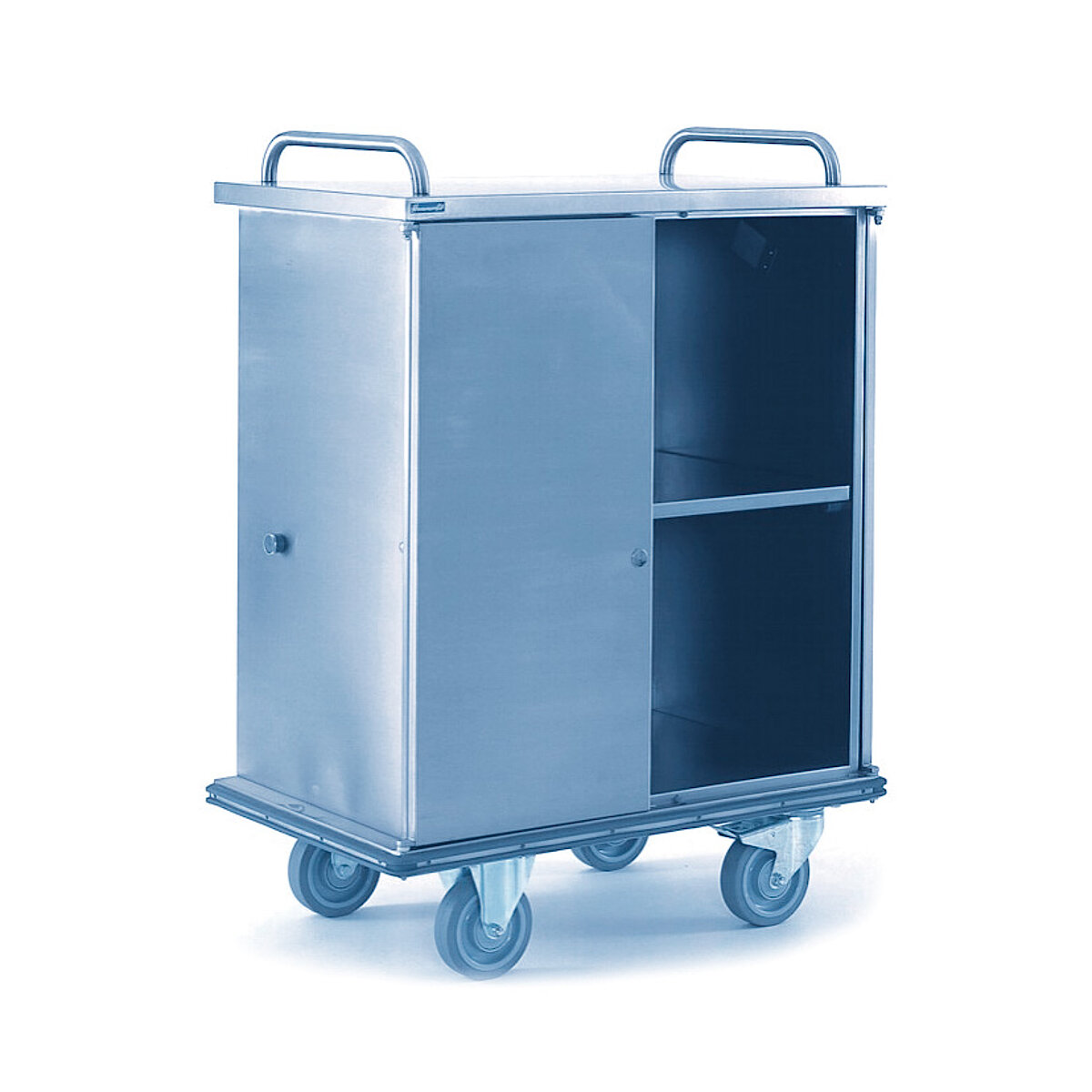 Cleanroom cupboard trolley made of stainless steel with 2 wing doors and castors