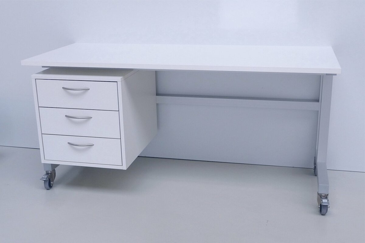 Cleanroom table with castors made of melamine for drawer base cabinet