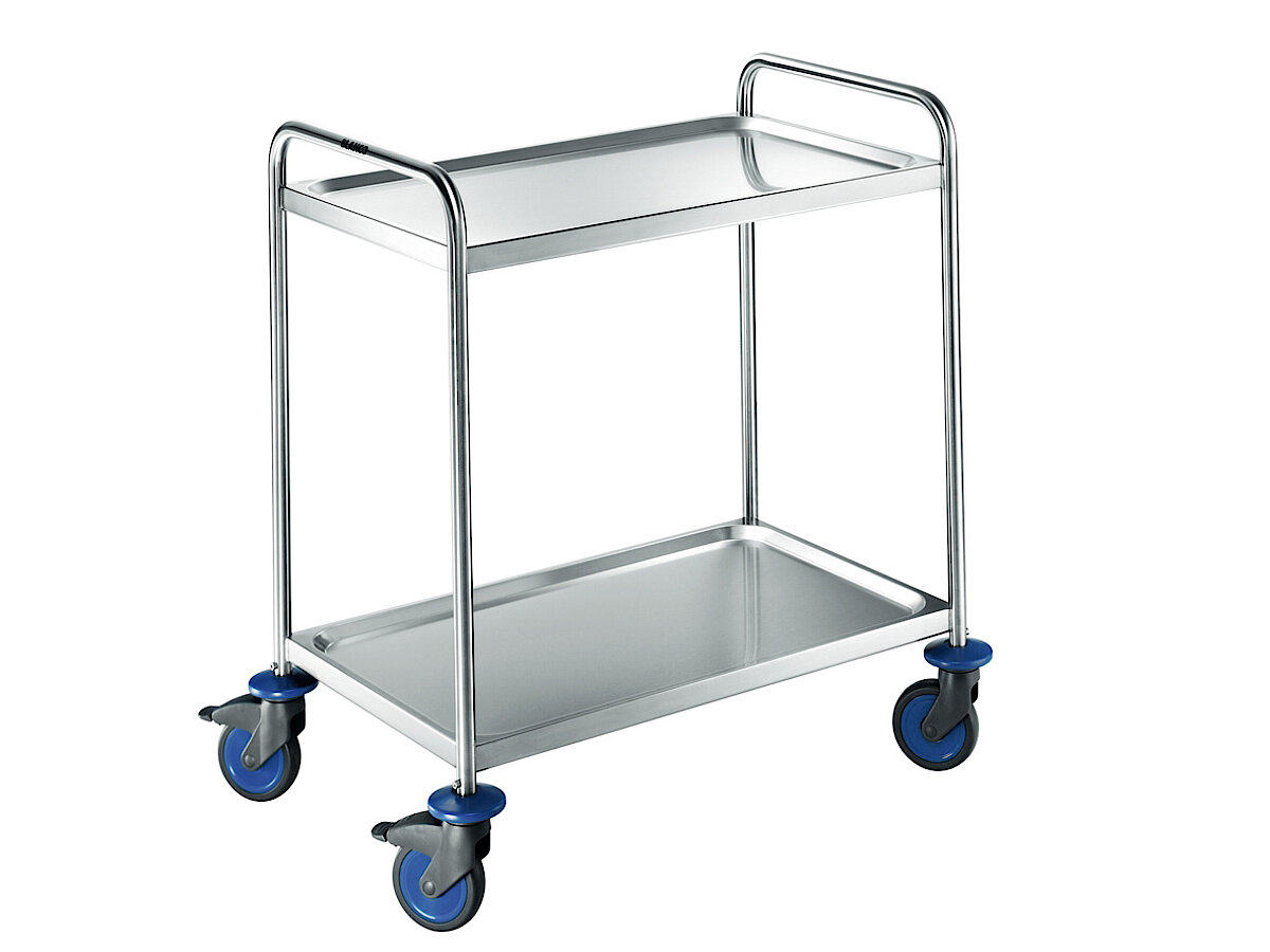 Cleanroom table multi-purpose trolley made of stainless steel with 2 shelves and castors