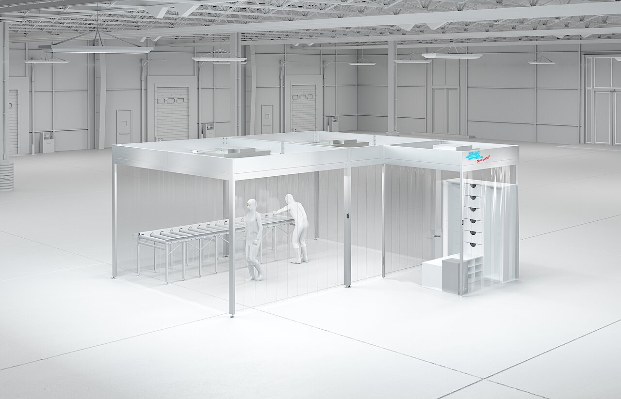 Ein modulares Reinraumzelt in einer Halle für die flexible Nutzung und einfache Anpassung.