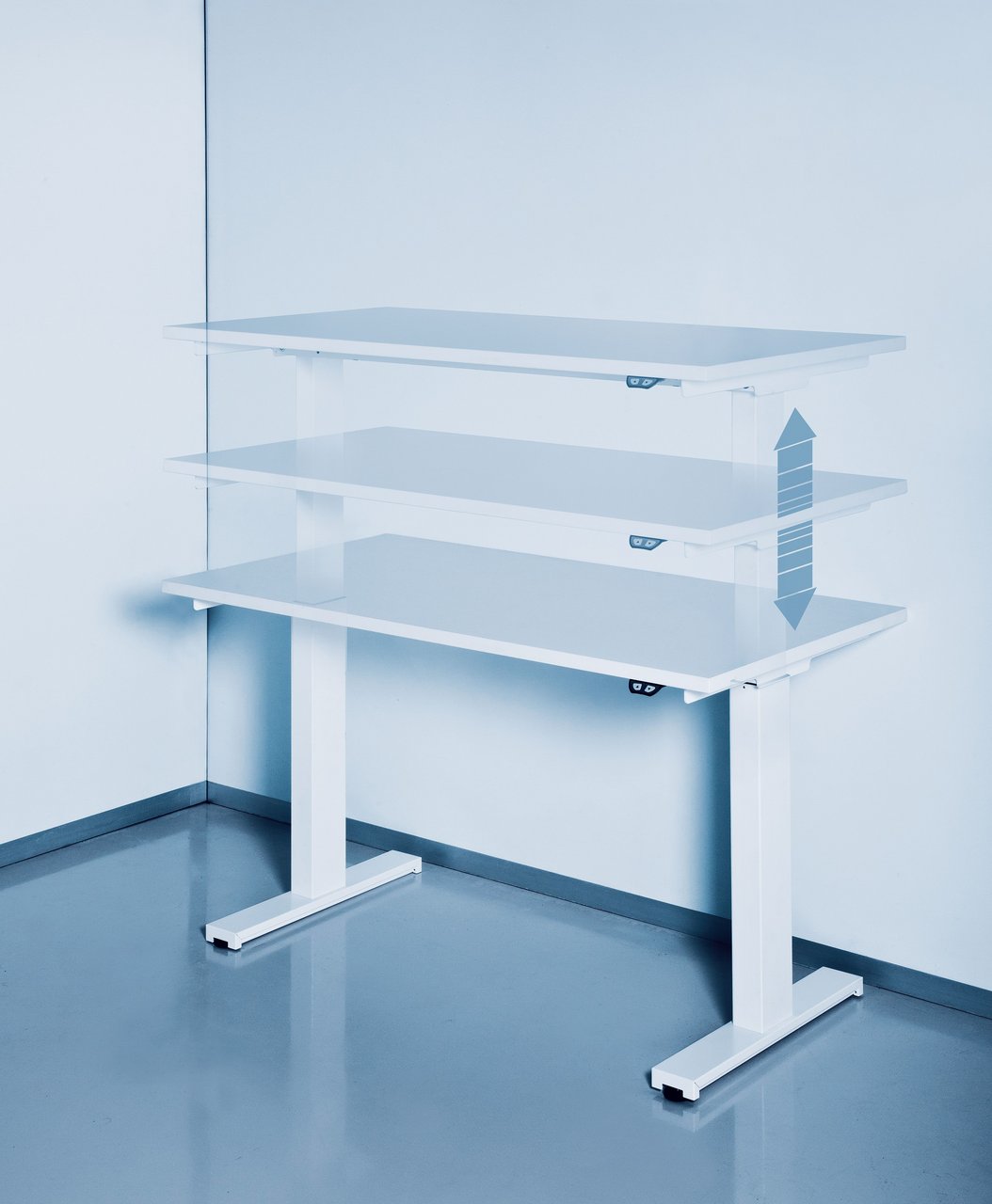 Clean room work table made of melamine, electrically height adjustable