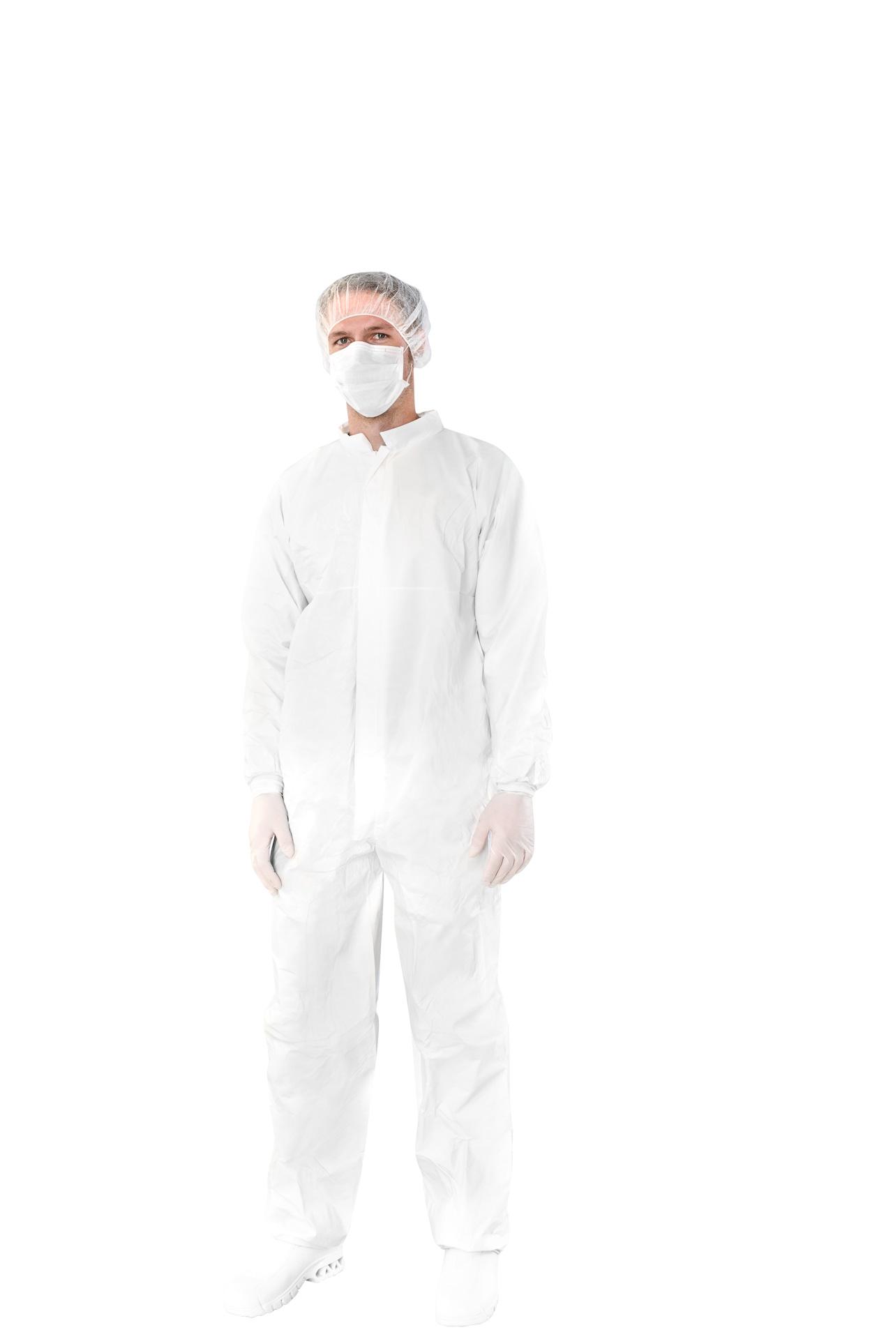 Cleanroom disposable overall with collar and zipper, antistatic, for cleanroom class ISO 6