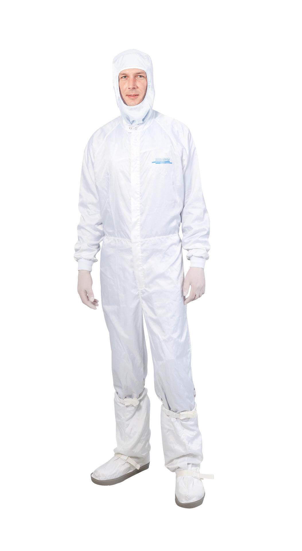 Reusable cleanroom overall with integrated hood and zipper, for cleanroom class ISO 4-8, GMP A-C