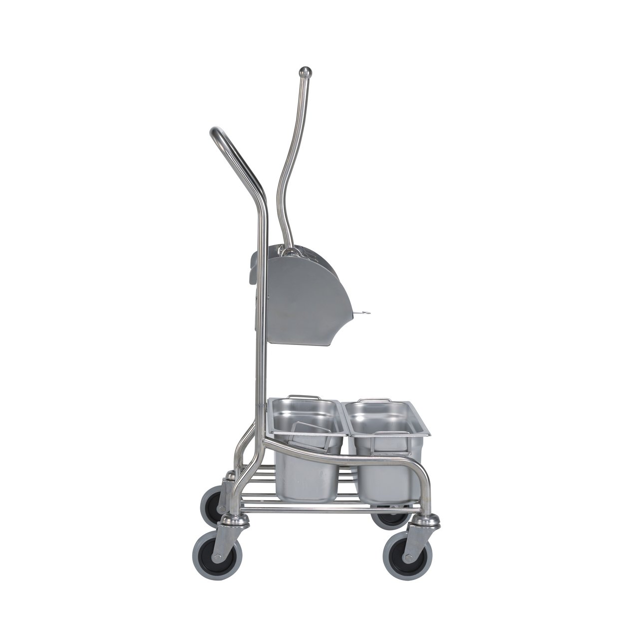 Cleanroom cleaning trolley system made of stainless steel with 2 stainless steel tubs