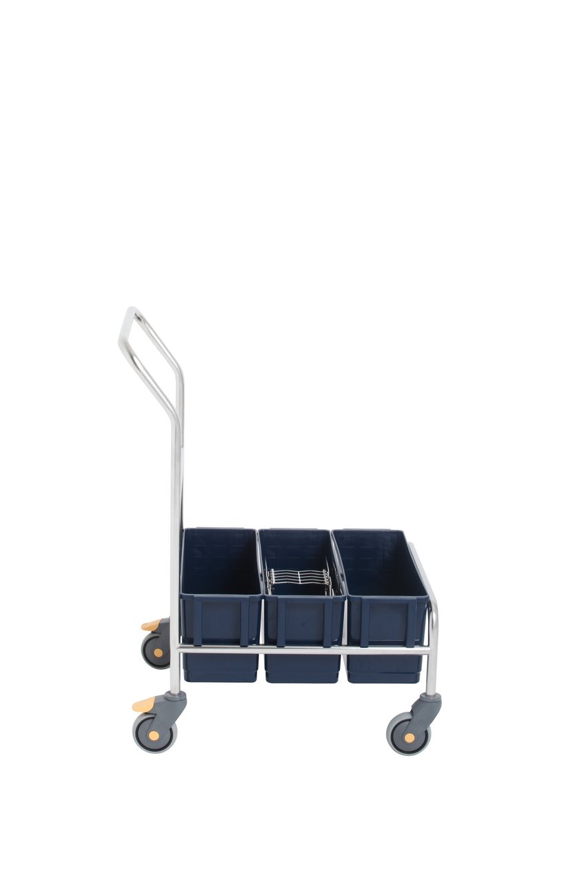 Cleanroom cleaning trolley with mop humidification system with 3 plastic buckets, autoclavable, up to cleanroom class ISO 5 (GMP A/B)